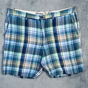 Tommy Bahama Mens Plaid Linen Blend Shorts Blue Green Tan Size 36 Flat Front